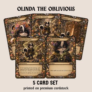 May include: A set of five illustrated trading cards titled Olinda the Oblivious, featuring fantasy skunk characters in forest settings. The cards include Helm of the Host, Conjurer's Closet, Wound Reflection, and Jet Medallion, all printed on cardstock.