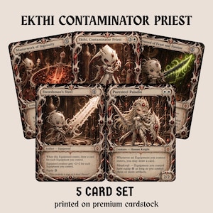 Pode incluir: Um conjunto de cinco cartas com ilustrações de fantasia intituladas Ekthi Contaminator Priest, Masterwork of Ingenuity, Sword of Feast and Famine, Swordsman's Steel e Puresteel Paladin. Cada carta exibe ilustrações sombrias e texto.