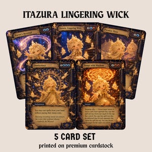 May include: A five-card set titled Itazura Lingering Wick, printed on premium cardstock. Each card features a central illustration of a small, light-haired figure surrounded by glowing candle-like spirits, set against dark, magical, and ornate backgrounds.