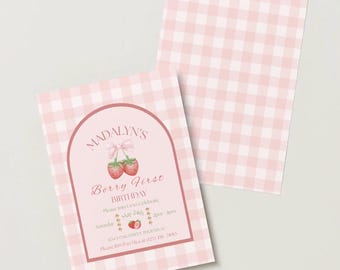 Berry First Birthday Invitation Template | Pink Gingham Baby Girl Party | Editable | Instant Download