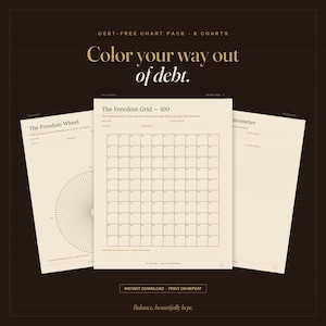 May include: A debt-free chart pack featuring eight printable pages with a dark brown background. The text reads: Debt-Free Chart Pack, 8 Charts, Color your way out of debt. Includes The Freedom Wheel, The Freedom Grid 100, and a thermometer chart.