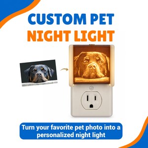 May include: A custom pet night light featuring a Rottweiler portrait. The image shows a photograph of a dog transforming into a glowing, illuminated night light. Text reads: CUSTOM PET NIGHT LIGHT and Turn your favorite pet photo into a personalized night light.