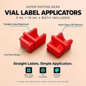 May include: Two red plastic vial label applicators for 3 mL and 10 mL vials. The text reads: SUPER PEPTIDE GEAR VIAL LABEL APPLICATORS, 3 mL + 10 mL, Straight Label Alignment, Keep Fingers Off Adhesive, One Piece Design, Straight Labels. Simple Application.