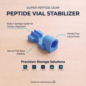 May include: A blue plastic peptide vial stabilizer featuring a built-in syringe guide, a secure flat-base, and a cylindrical opening for hands-free liquid draw. The text reads SUPER PEPTIDE GEAR, PEPTIDE VIAL STABILIZER, and Precision Storage Solutions.