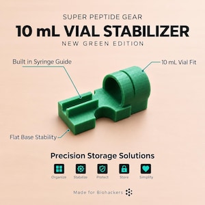 May include: A green 10 mL vial stabiliser with a built-in syringe guide and flat base stability. Text reads: SUPER PEPTIDE GEAR 10 mL VIAL STABILISER NEW GREEN EDITION. Precision Storage Solutions with icons for Organise, Stabilise, Protect, Store, Simplify.