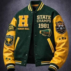 May include: A dark green varsity jacket with yellow sleeves, featuring a large yellow letter H, the text STATE CHAMPS 1981, and a megaphone graphic. The sleeves include patches of a trophy, a tiger, and stars, with striped ribbed cuffs and collar.