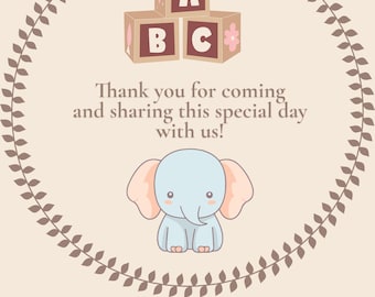 Editable Elephant Baby Shower Thank you card, Instant Download