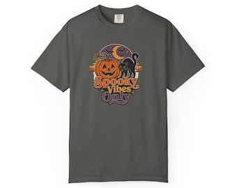 Spooky Vibes Only Pumpkin Cat Moon T-shirt | Halloween Retro Stripe Graphic