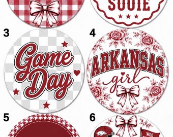May include: Six circular designs featuring Arkansas Razorbacks themes. Designs include red and white buffalo plaid, floral patterns, and houndstooth backgrounds. Text includes Arkansas, Woo Pig Sooie, Game Day, and Fayetteville, with graphics of a mascot, football helmet, and bows.