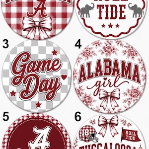 May include: Six circular designs featuring Alabama-themed graphics. Designs include red and white plaid patterns, the text Alabama, Roll Tide, Game Day, Alabama girl, and Tuscaloosa, along with illustrations of bows, elephants, footballs, and helmets.