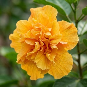 Peut inclure: Une fleur d'hibiscus jaune doré éclatante avec de multiples couches de pétales délicats et ondulés. La fleur présente un centre complexe et dense avec des bords de pétales superposés, affichant une teinte chaude et une texture douce.
