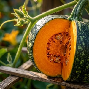 May include: A partially sliced kabocha squash with a dark green, mottled rind and a vibrant orange interior flesh. The cut section reveals a fibrous centre filled with light-coloured seeds. The squash is attached to a green vine with small buds.