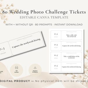 Puede incluir: Un conjunto de 80 boletos de desafío fotográfico para bodas como plantilla editable de Canva. El diseño presenta boletos rectangulares blancos con texto en negro, incluyendo consignas como 'Capture the newlyweds kissing'.
