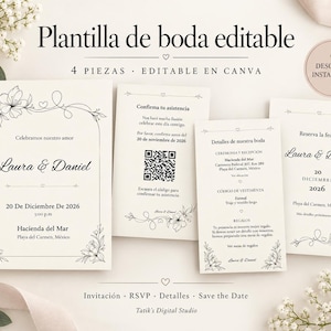 Puede incluir: Un conjunto de cuatro plantillas de invitación de boda editables con arte lineal floral negro sobre fondo crema. Incluye una invitación, una tarjeta RSVP con código QR, detalles de la boda y una tarjeta de reserva de fecha con texto en español.