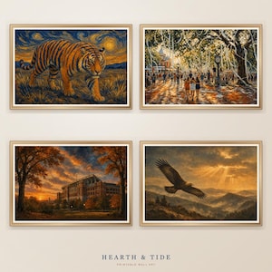 May include: Four framed rectangular wall art prints. Top left: a tiger in a field under a swirling sky. Top right: a crowd on a tree-lined path. Bottom left: a stadium at sunset. Bottom right: an eagle flying over misty mountains at sunset.