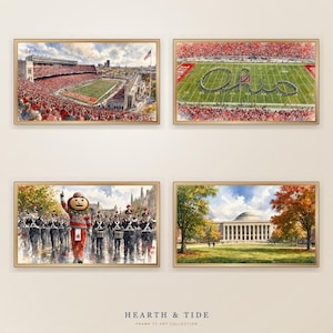 May include: Four framed digital art prints featuring Ohio State University scenes: a stadium view, a marching band forming the word Ohio on the field, a mascot leading a band, and a campus building with autumn trees. Text reads Hearth & Tide.