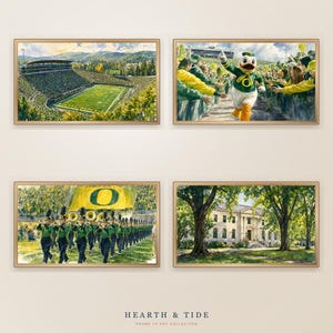 May include: A set of four framed digital art prints featuring watercolor-style illustrations of a stadium, a mascot, a marching band with a large O logo flag, and a campus building. The text Hearth & Tide Frame TV Art Collection is at the bottom.
