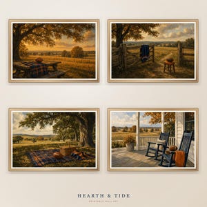 May include: Four framed landscape art prints featuring autumn scenes with footballs, picnic blankets, wooden fences, and rocking chairs on a porch. The text "HEARTH & TIDE PRINTABLE WALL ART" is centred at the bottom of the collection display.