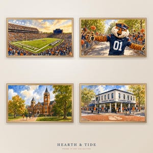 Juego de 4 piezas de arte en acuarela de fútbol americano de Auburn para TV 4K con marco Samsung