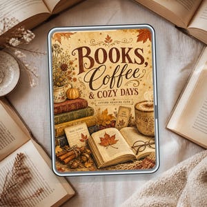 Op de afbeelding: Een digitale tablet met een illustratie met de tekst "BOOKS, Coffee & COZY DAYS" en "AUTUMN READING CLUB". De afbeelding toont een stapel vintage boeken, een kop koffie, herfstbladeren, kaneelstokjes en een open boek met een bril.