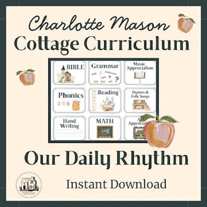 Może przedstawiać: Edukacyjna tablica Charlotte Mason Cottage Curriculum Our Daily Rhythm z dziewięcioma kartami przedmiotów, takimi jak Biblia, Gramatyka, Muzyka, Fonetyka, Czytanie, Hymny, Pismo ręczne, Matematyka i Sztuka, ozdobiona jabłkami.