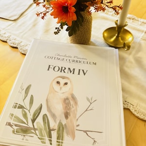 Op de afbeelding: Een witte ordner met een omslag met de tekst Charlotte Mason COTTAGE CURRICULUM FORM IV en een aquarelillustratie van een kerkuil zittend op een tak met groene bladeren. De ordner heeft een strakke en professionele uitstraling.
