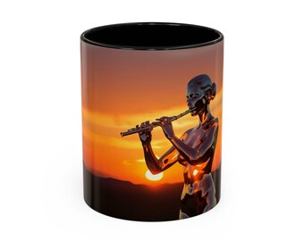 Chrome Robot Playing Flute Mug | Sunset Synthwave Accent Coffee Mug