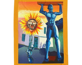 Surreal Sunflower Face with Blue Statue Velveteen Plush Blanket
