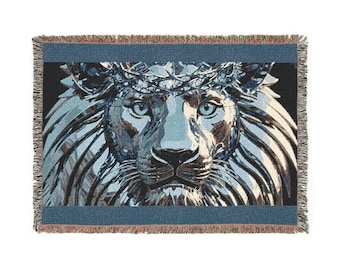 Regal Blue Lion Woven Blanket | Lion Face Tapestry Throw