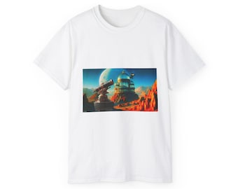 Retro Observatory Sci Fi Landscape Tee | Space Dome, Rocket Launcher, Alien Planet Art