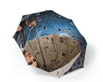 Man with Newspaper Hat Umbrella, Foldable Rain Umbrella | Surreal Rain Art
