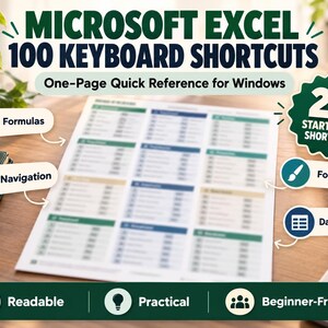 May include: A printed reference sheet titled Microsoft Excel 100 Keyboard Shortcuts One-Page Quick Reference for Windows. The document features categorized sections for Formulas, Navigation, Formatting, and Data & Tables, with a 20 Start Here Shortcuts badge.