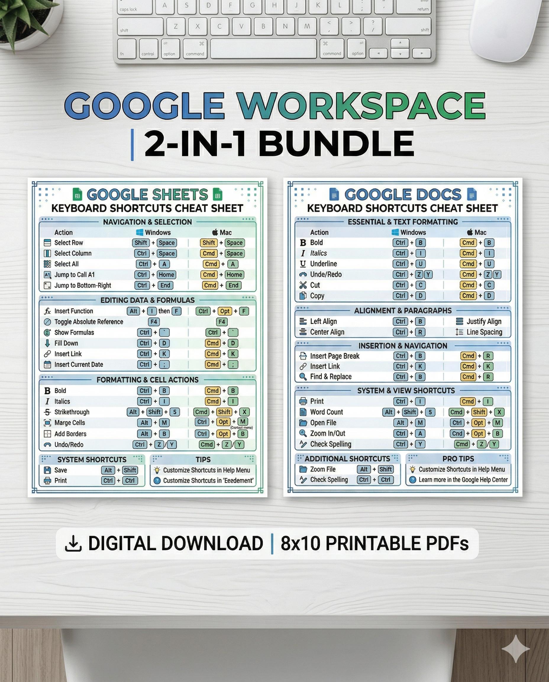 Google Sheets Docs Keyboard Shortcuts Bundle | Productivity Tool (8x10 ...