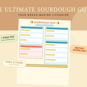 Op de afbeelding: Een digitale gids getiteld "THE ULTIMATE SOURDOUGH GUIDE" met de ondertitel "YOUR BREAD-MAKING LIFESAVER". De gids bevat een 1-pagina PDF snelle referentie en is direct te downloaden. De gids is ontworpen om te worden afgedrukt en ingelijst in een 8x10 formaat.