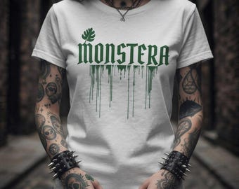 Organic Cotton Monstera Plant Lover Tee – Gothic Spooky Season Graphic (White)