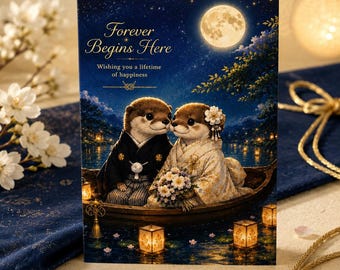 Japanese Otter Wedding Card, Kimono Couple on Moonlit Boat, 5x7 with Envelope