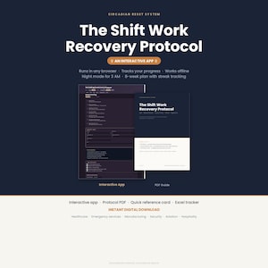 Op de afbeelding: Het digitale systeem The Shift Work Recovery Protocol bevat een interactieve app en een PDF-gids. Kenmerken zijn browsercompatibiliteit, offline toegang, nachtmodus en een 8-wekenplan, inclusief een referentiekaart en een Excel-tracker.