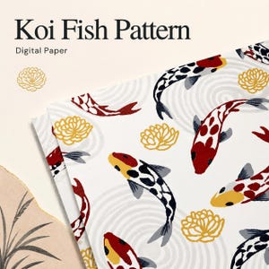 May include: Digital paper featuring a repeating pattern of koi fish in red, black, and yellow on a white background with gold-colored flower outlines and swirling water motifs. The text Koi Fish Pattern Digital Paper is visible.