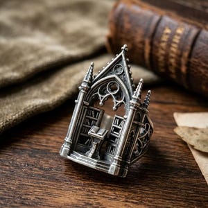 May include: A silver ring featuring a detailed architectural design of a cathedral interior. The band displays a pointed archway, tall spires, and a central lectern with an open book positioned between two shelves filled with miniature books.