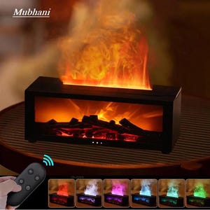May include: A rectangular black electric fireplace humidifier with a simulated flame effect and the text Mubhani. It includes a remote control and features adjustable light colors including orange, white, purple, blue, teal, and green.