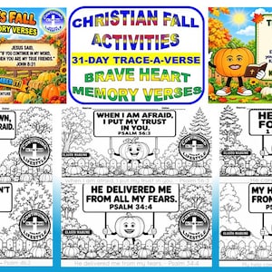 May include: A collection of Christian fall activity sheets featuring a 31-day trace-a-verse program. The pages include colorful illustrations of pumpkins and autumn scenes, alongside black and white coloring pages with Bible verses and pumpkin characters.