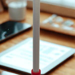 May include: A white Apple Pencil standing vertically inside a small, red, circular, rubber-like suction cup base. The stylus features the Apple logo and the word Pencil printed in dark gray text near the top of its smooth, cylindrical body.