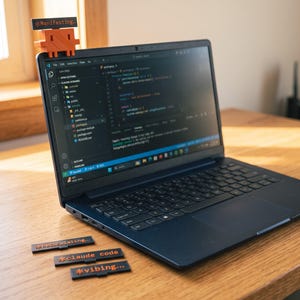 May include: A dark gray laptop displaying code on its screen, with an orange 3D-printed character accessory attached to the top edge. Three additional rectangular orange and black tags labeled "Manifesting", "Claude code", and "vibing" are placed nearby.
