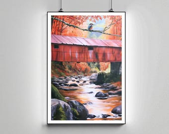 Autumn Red Covered Bridge Over Rocky River Printable Wall Art, Kingfisher Bird Painting, Fall Forest Digital Download for Home Decor