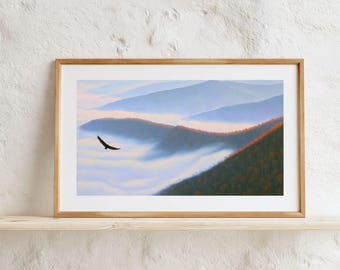 Hawk Soaring Over Misty Mountains Printable Wall Art, Autumn Ridge Landscape, Foggy Blue Mountain Digital Download for Living Room Decor