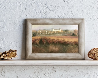 French Chateau Vineyard Wall Art, Cottagecore Autumn Landscape Print, Hazy Fall Afternoon, Rustic Farmhouse Decor, Digital Download