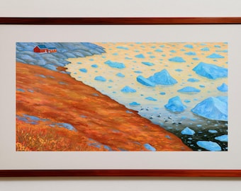 Arctic Coastline Wall Art, Orange Tundra and Blue Icebergs at Golden Hour, Cottagecore Nordic Landscape Printable Download