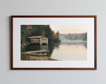 Cottagecore Lake House Print, Wooden Boathouse and Canoe at Dawn, Printable Vintage Style Wall Art for Rustic Cozy Interiors