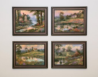 Juego de 4 láminas con paisajes de casas de campo, escenas campestres vintage con estanques (descarga digital)