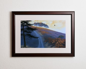 Hillside Path at Dusk Printable Wall Art, Golden Sky Pine Trees Landscape Print, Amber Purple Countryside Digital Download for Living Room